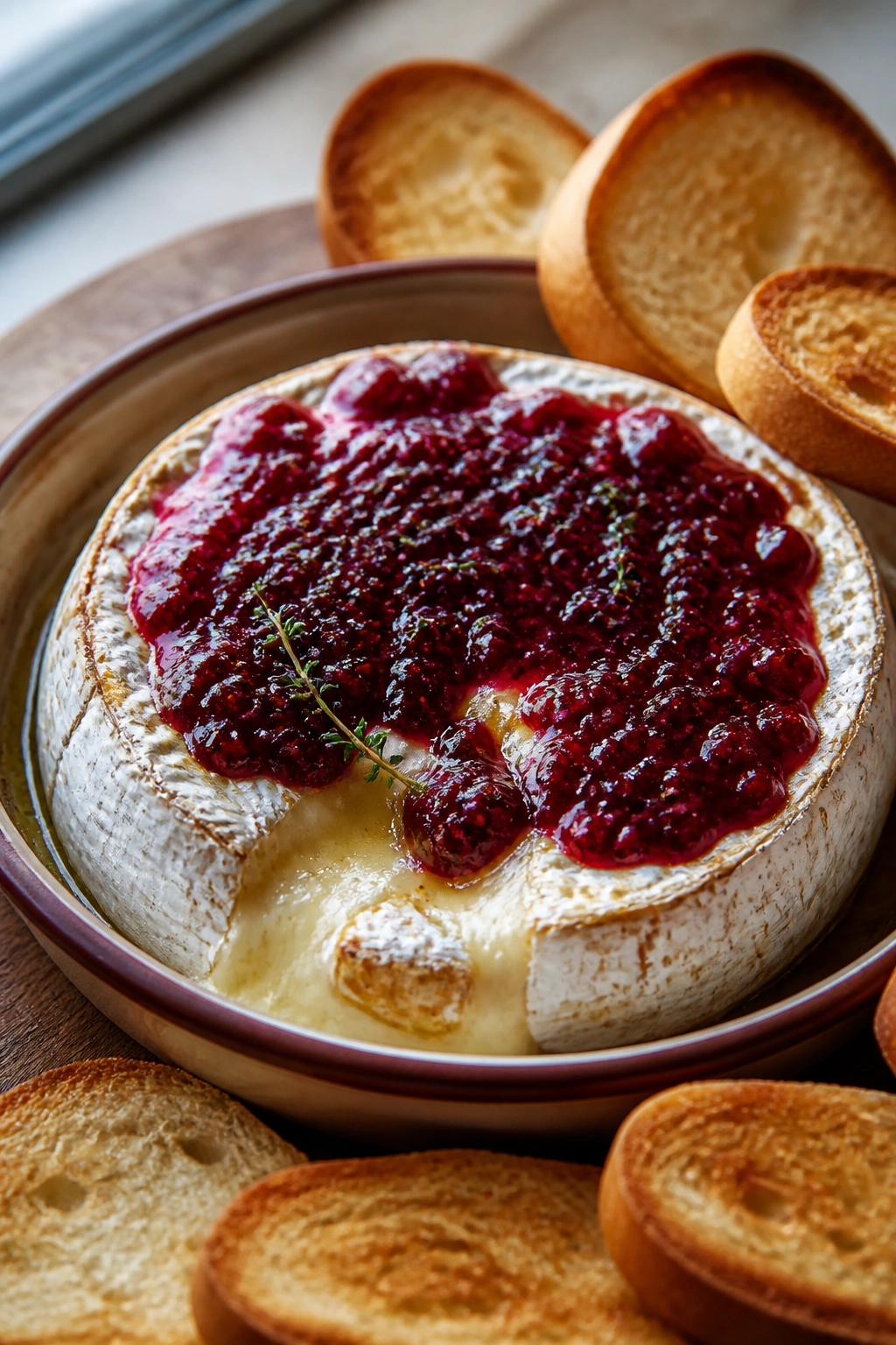 Warm baked brie with jam and toast points on a wooden surface