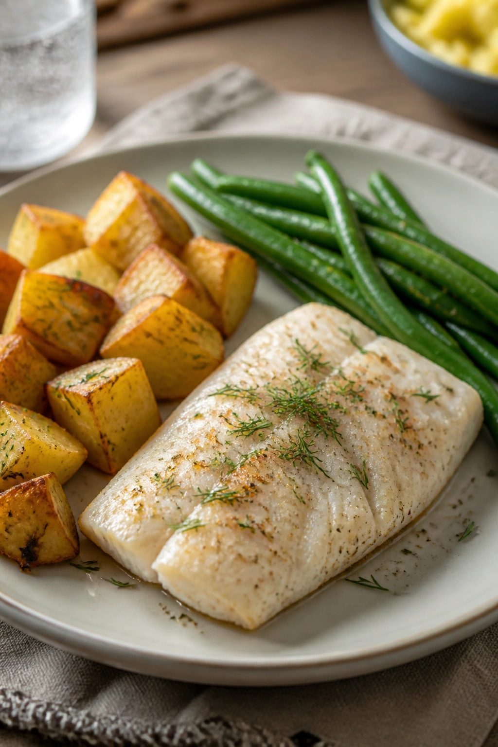 Baked cod with potatoes and green beans on a plate
