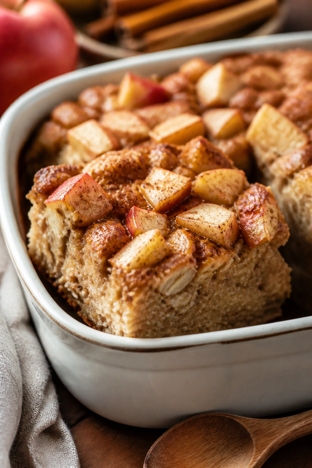 Close-up baked oats with apples and cinnamon in a dish.