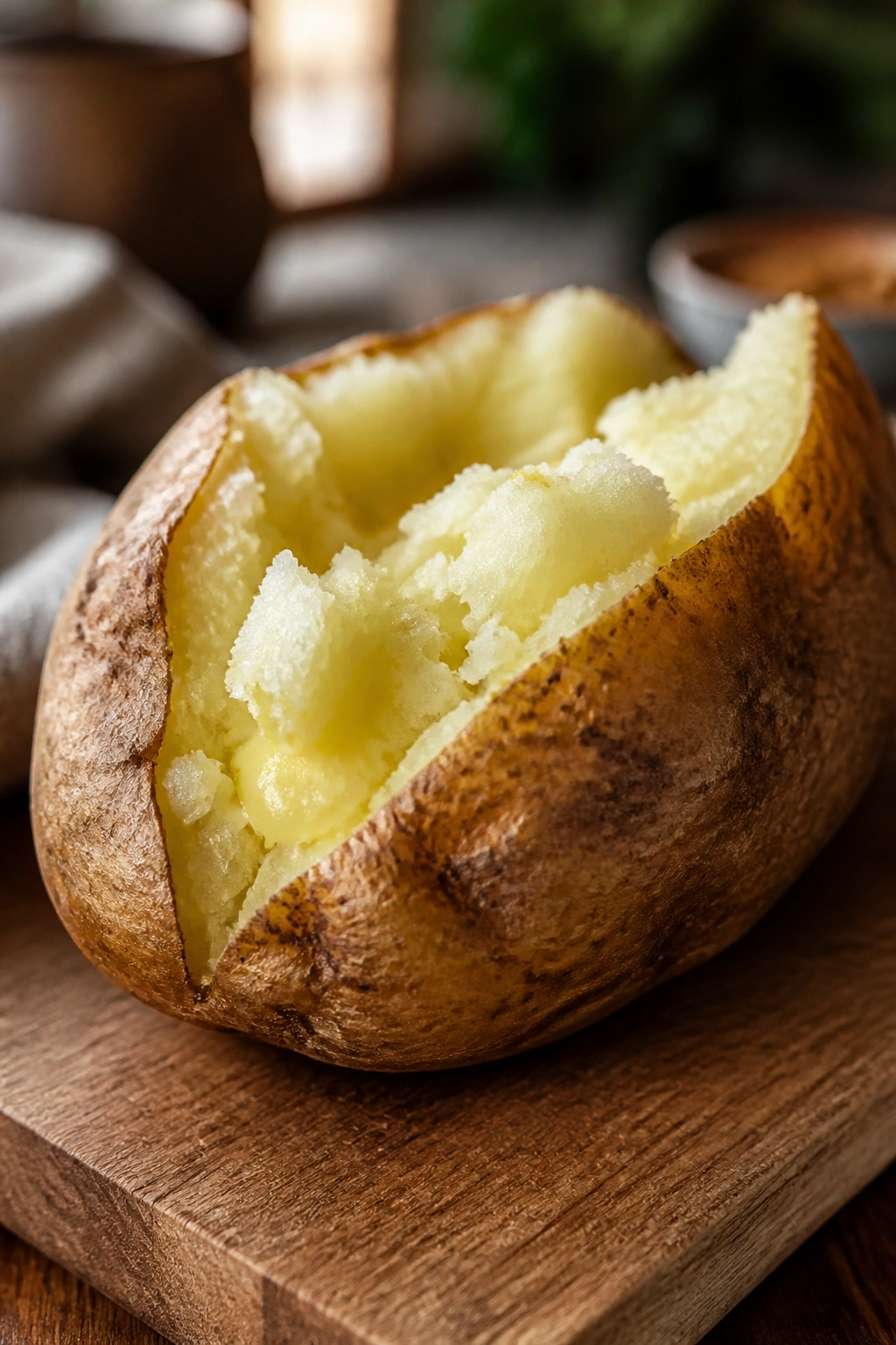 Close-up of a split baked potato on a wooden board