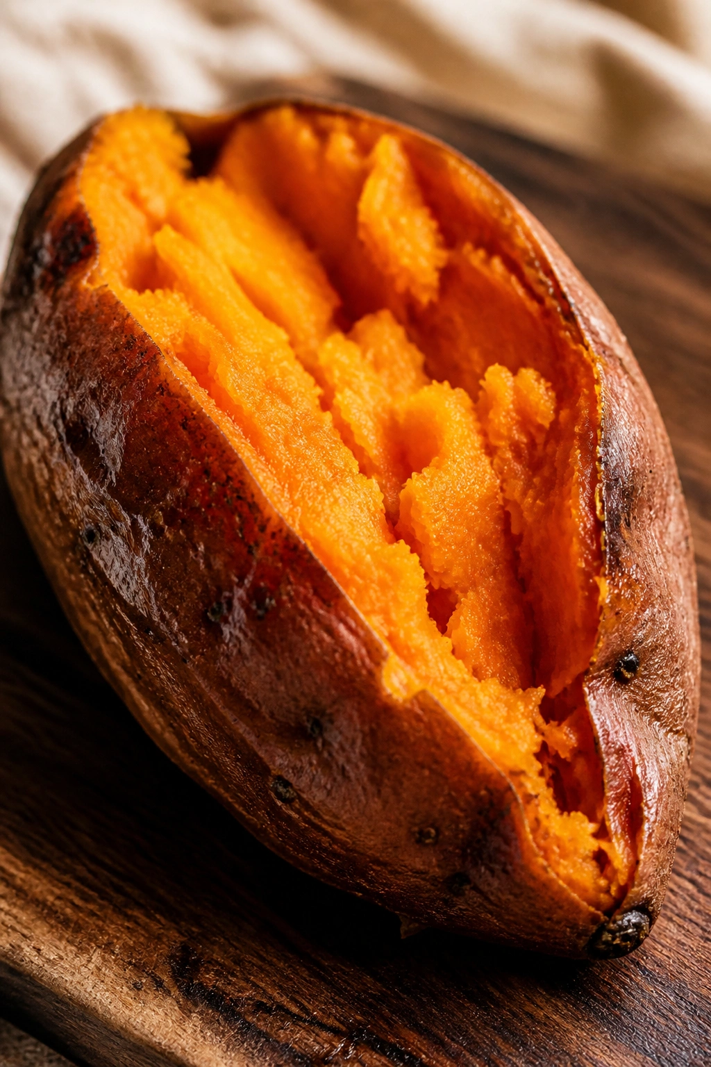 Close-up of a baked sweet potato half on a wooden board