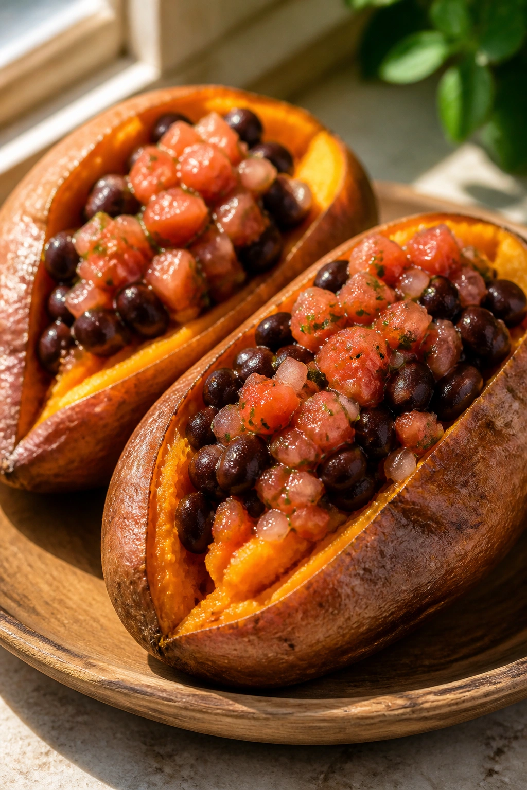 Close-up of split baked sweet potato topped with black beans and mild salsa on a wooden plate