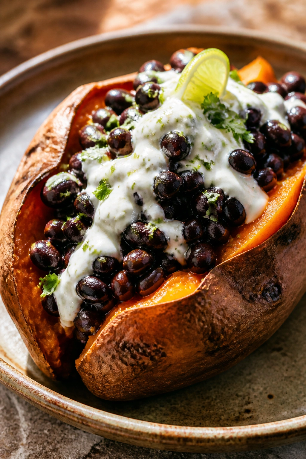 Close-up of baked sweet potato halves topped with black beans and lime yogurt on a rustic plate