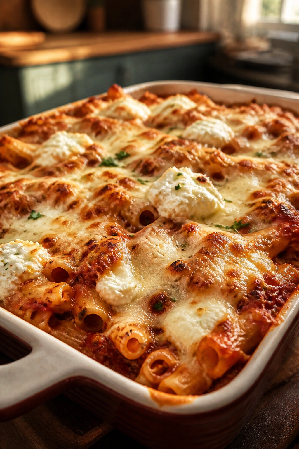 Close-up of baked ziti in a dish with melted cheese on top
