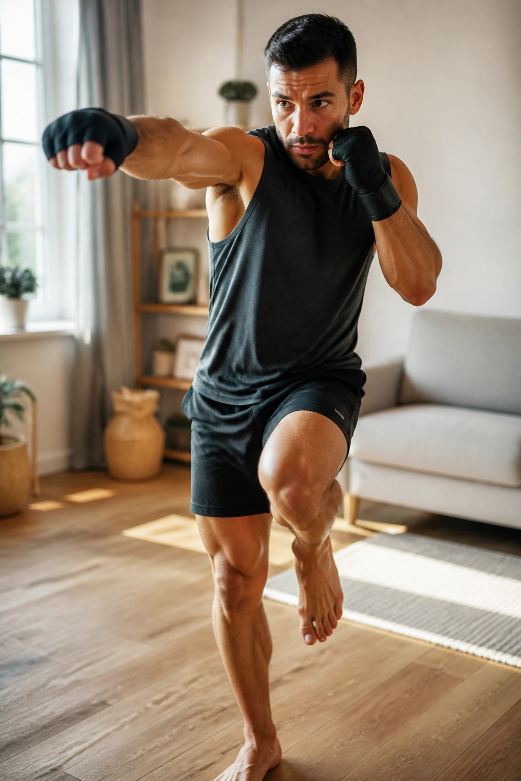 Real person balancing on one leg while punching in home setting
