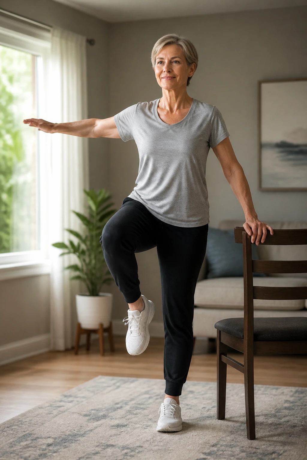 Person balancing on one leg near a chair in a cozy living room.