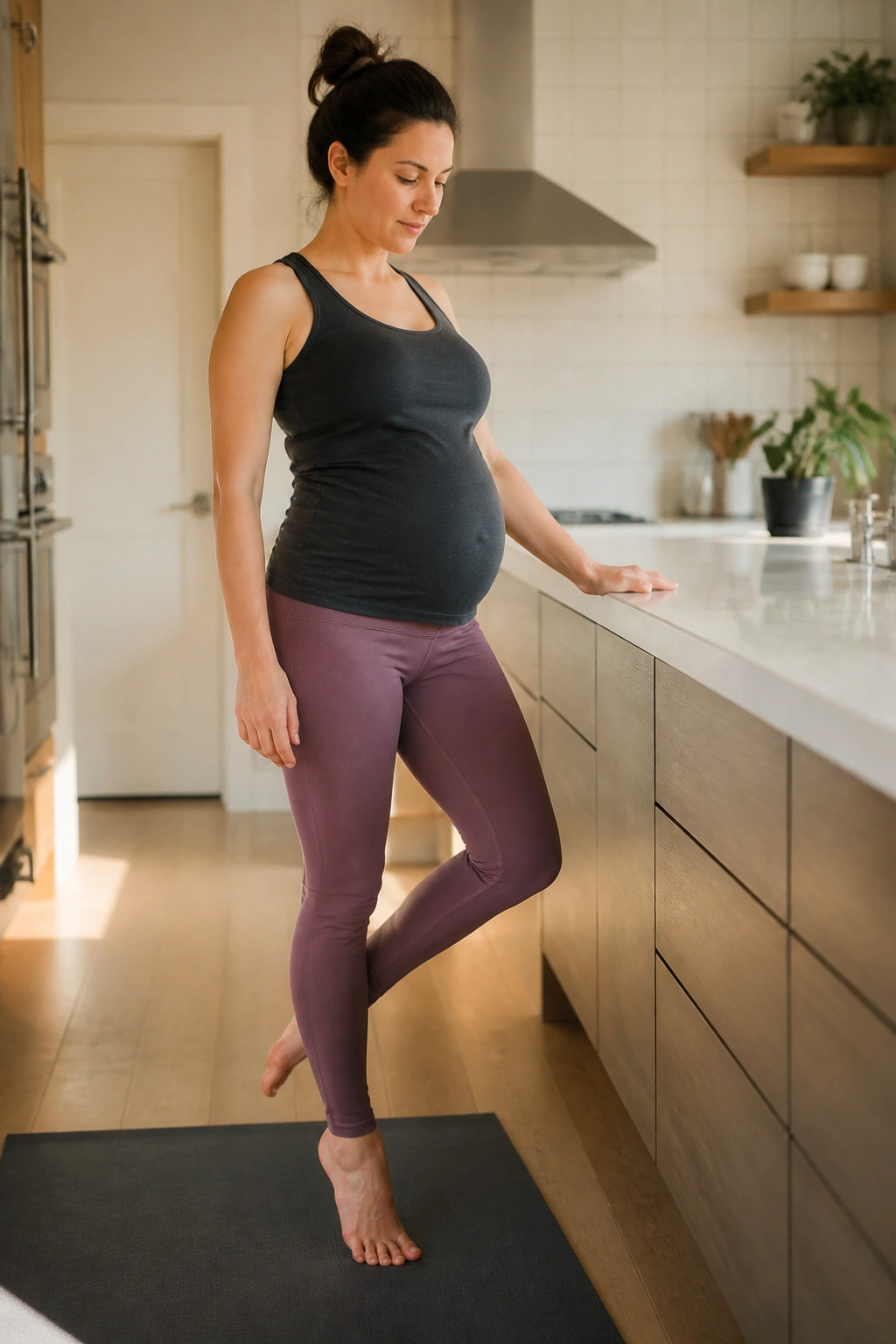 Pregnant person practicing balance drills beside a kitchen counter