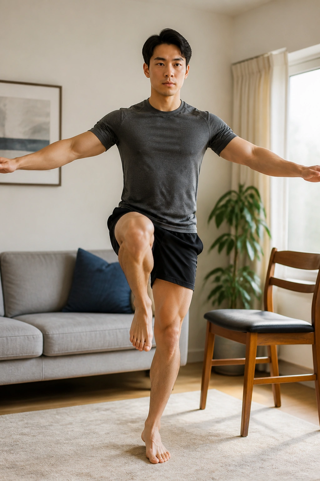 Real person performing a one-leg balance in a cozy living room