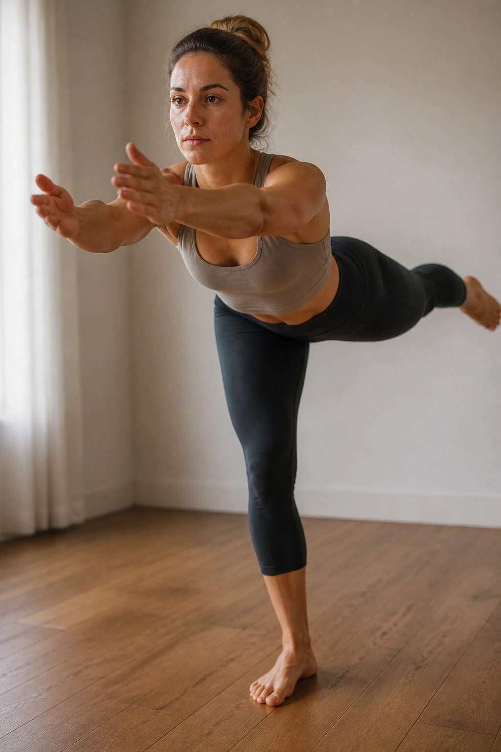Close-up of a woman balancing on one leg with bare feet