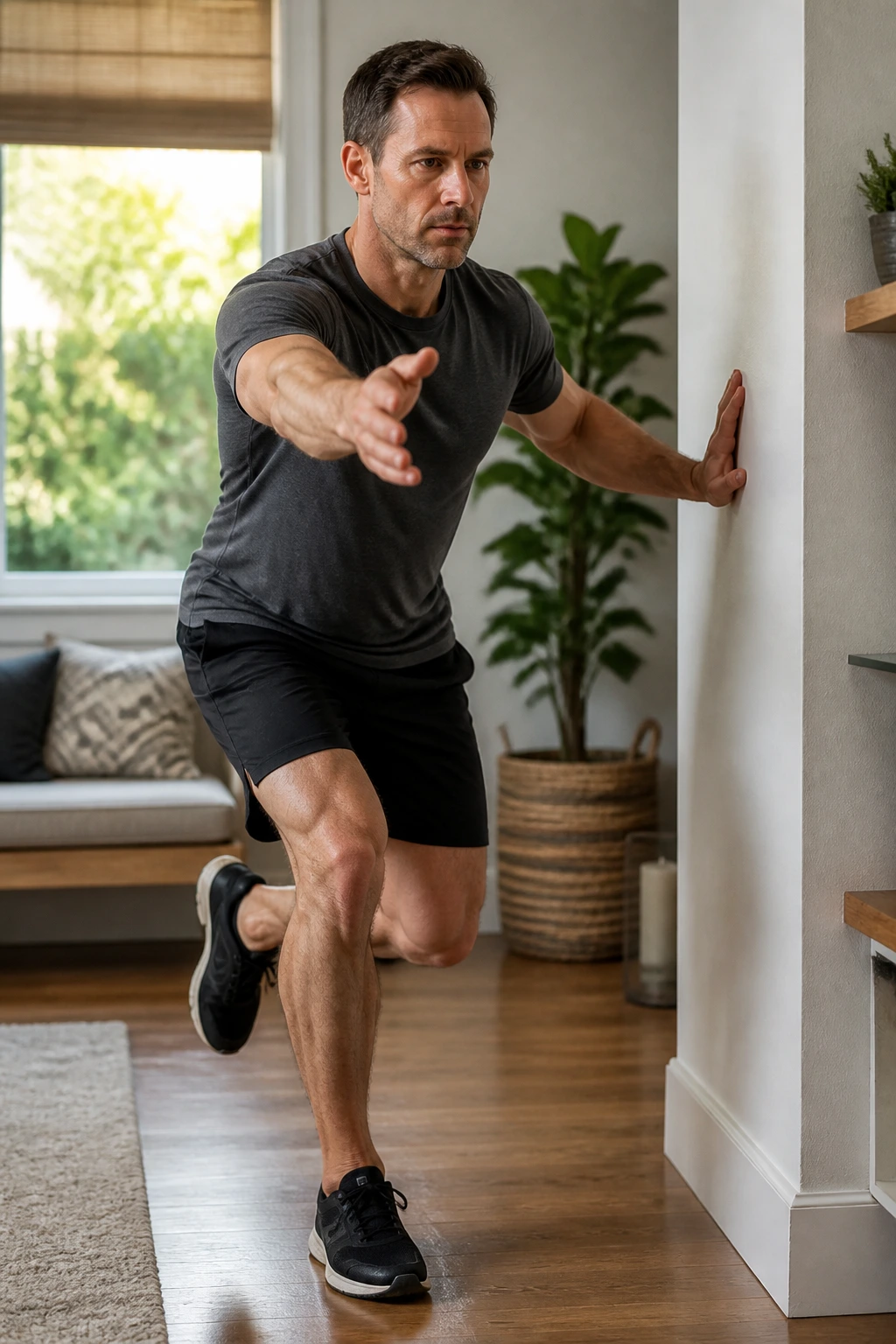 Real person performing single-leg balance with forward reach in a home living room