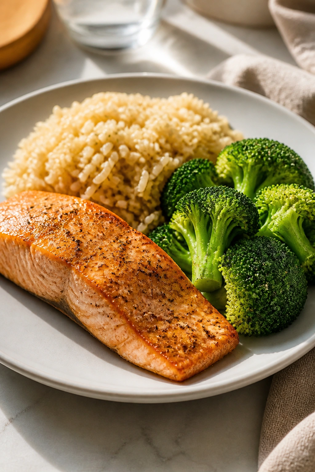 Plate of balanced meal with salmon, rice, and broccoli