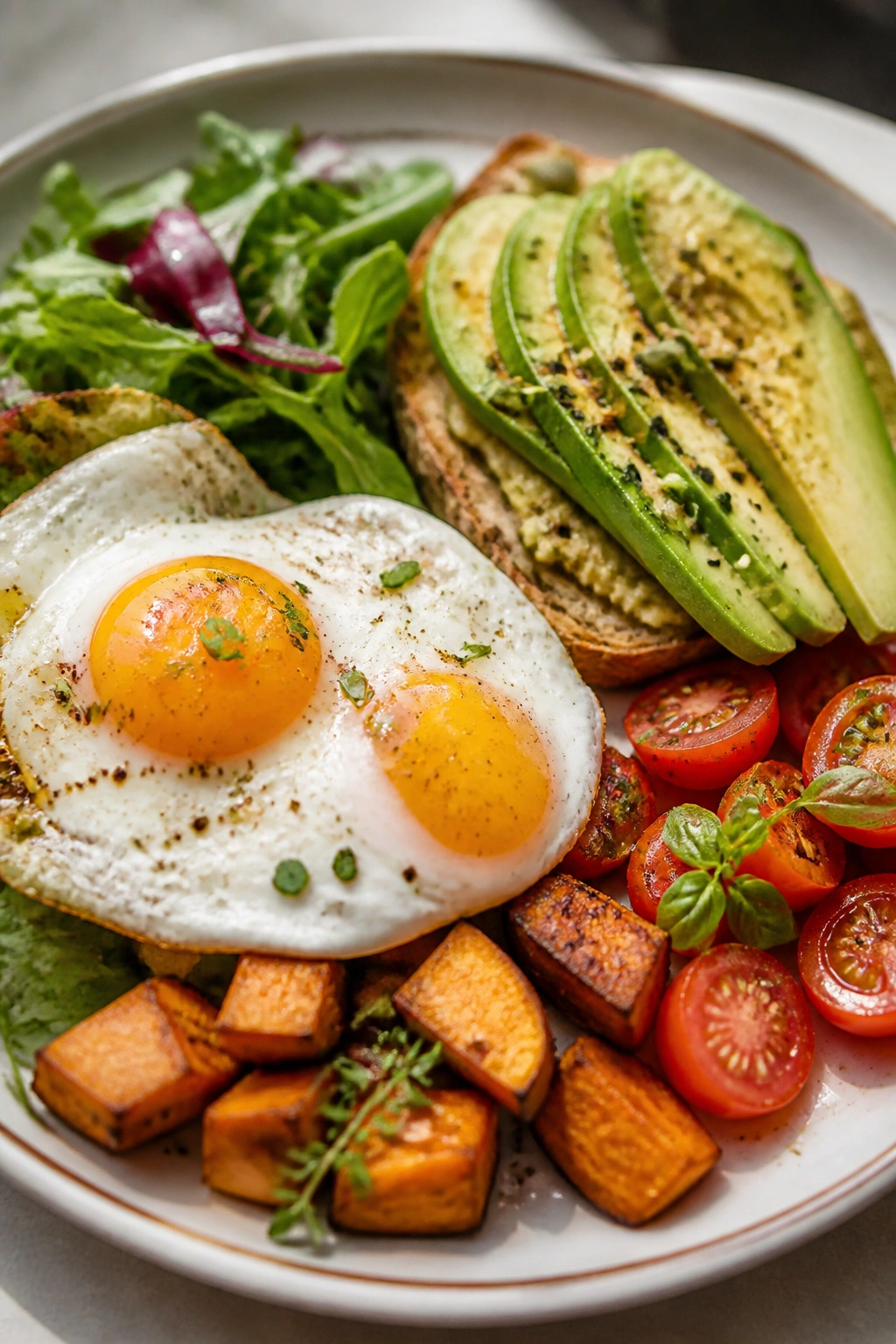 Close-up plate of eggs, avocado toast, and vegetables supporting stable blood sugar