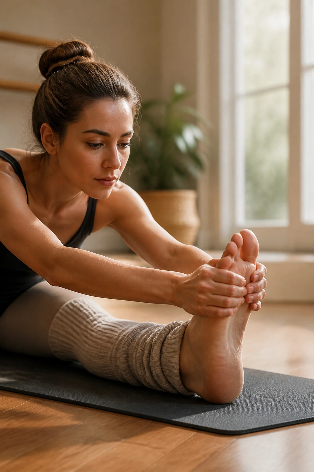 Dancer in seated hamstring stretch during cooldown in a cozy home studio