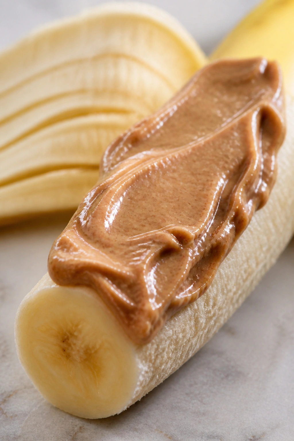 Close-up of a banana with almond butter spread