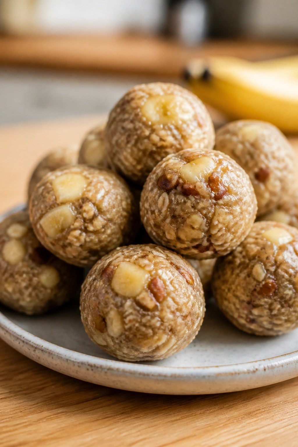 Close-up of banana nut energy bites on a plate
