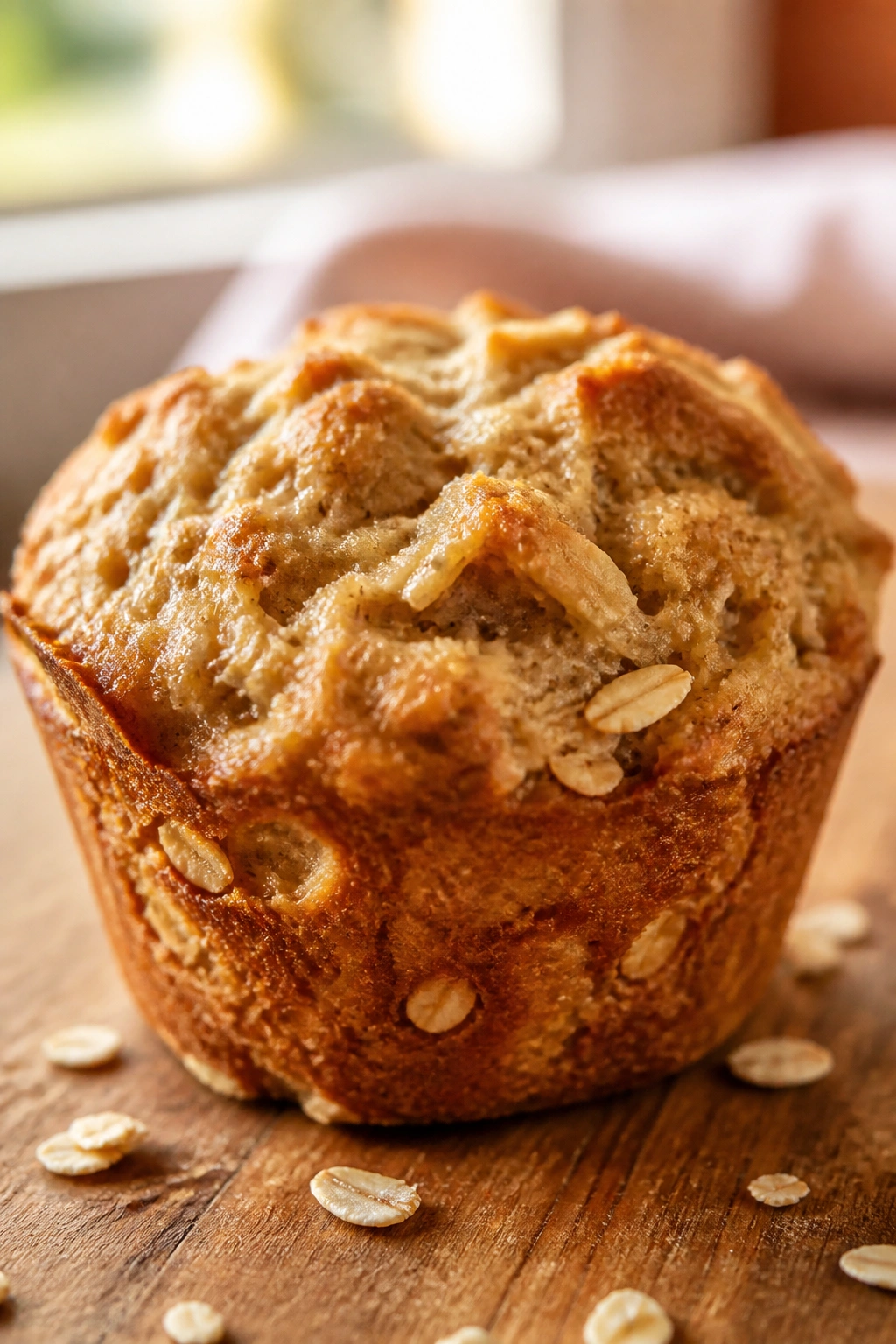 Close-up of a moist banana oat muffin on a wooden cutting board in warm morning light.