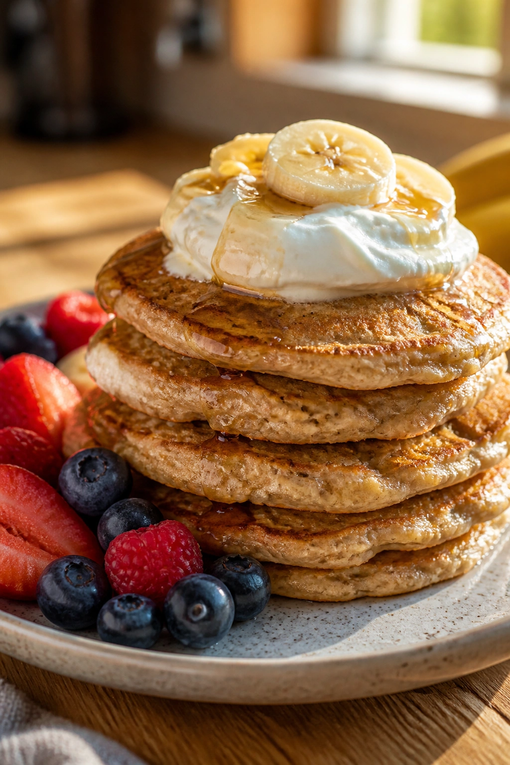Close-up of banana oat pancakes topped with Greek yogurt in a warm kitchen