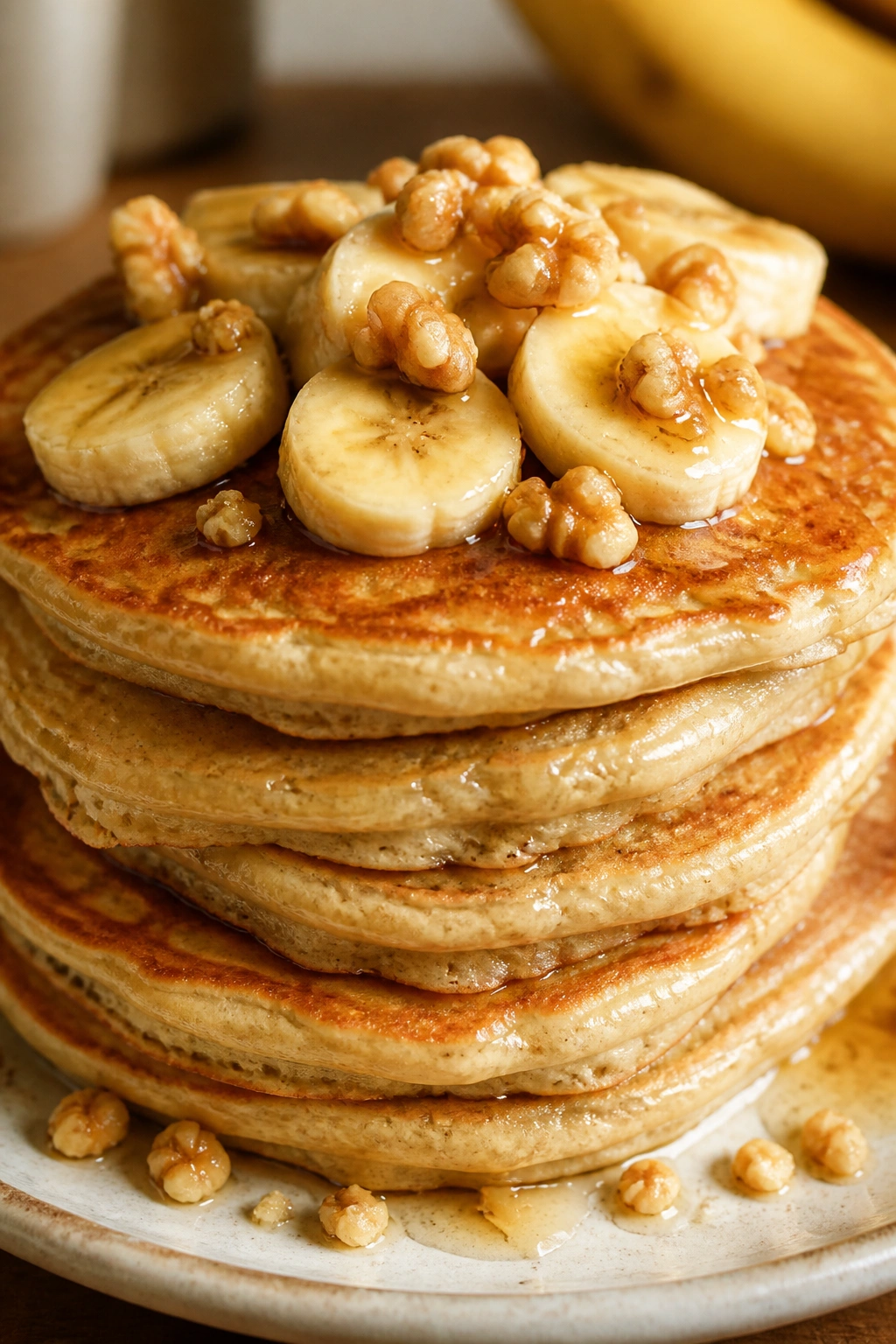 Stack of banana nut pancakes with banana slices and walnuts
