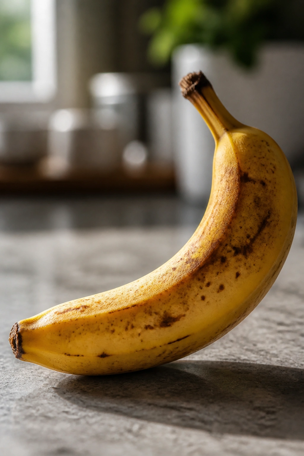 Close-up of ripe banana on kitchen counter with natural light