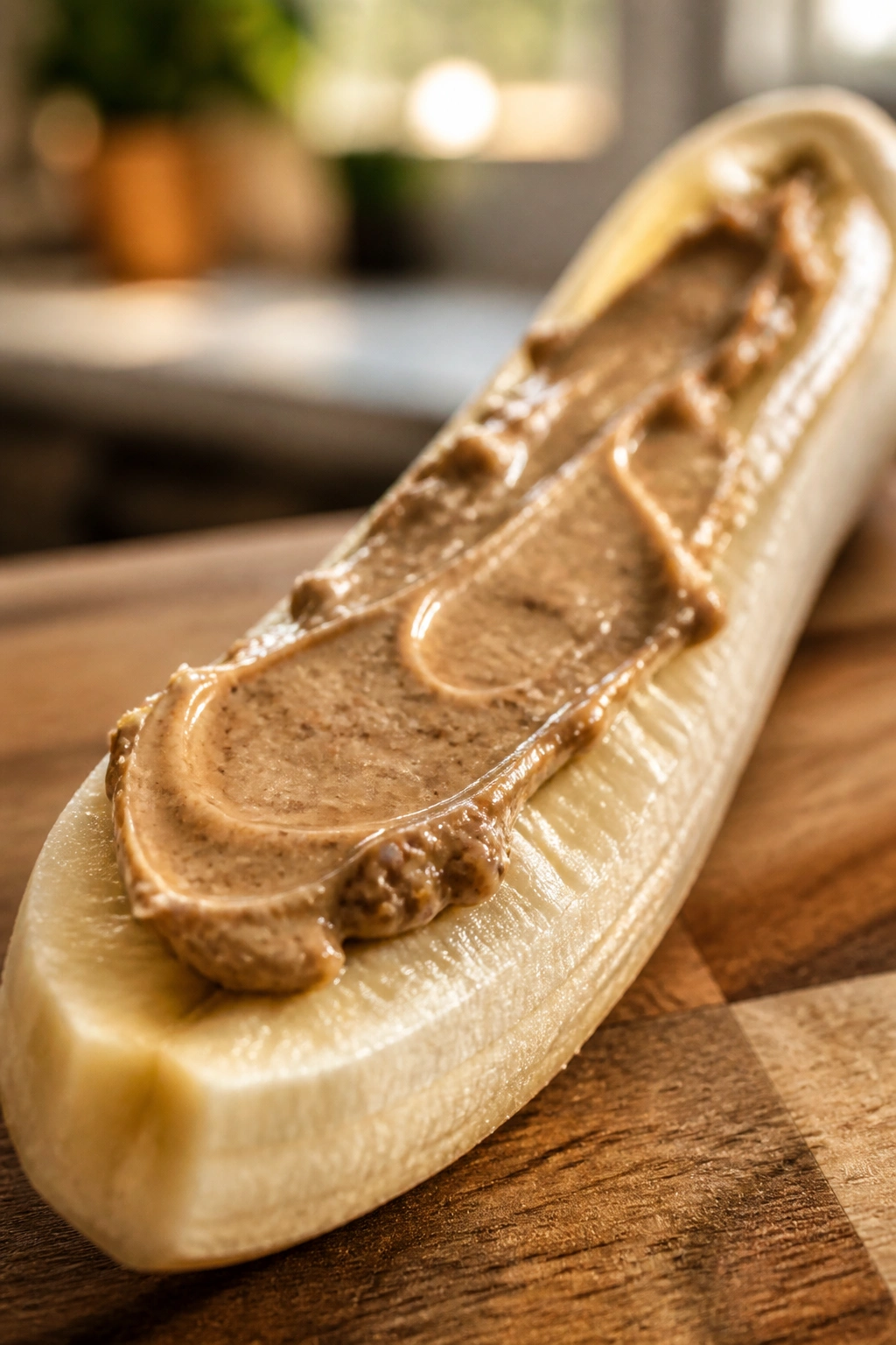 Close-up of banana with sunflower seed butter on a kitchen counter