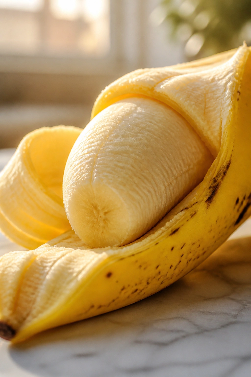 Close-up of a ripe banana with a peeled section on a kitchen counter
