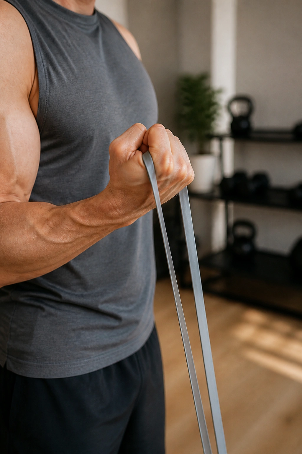Close-up of a real person performing a 21s curl with a resistance band.