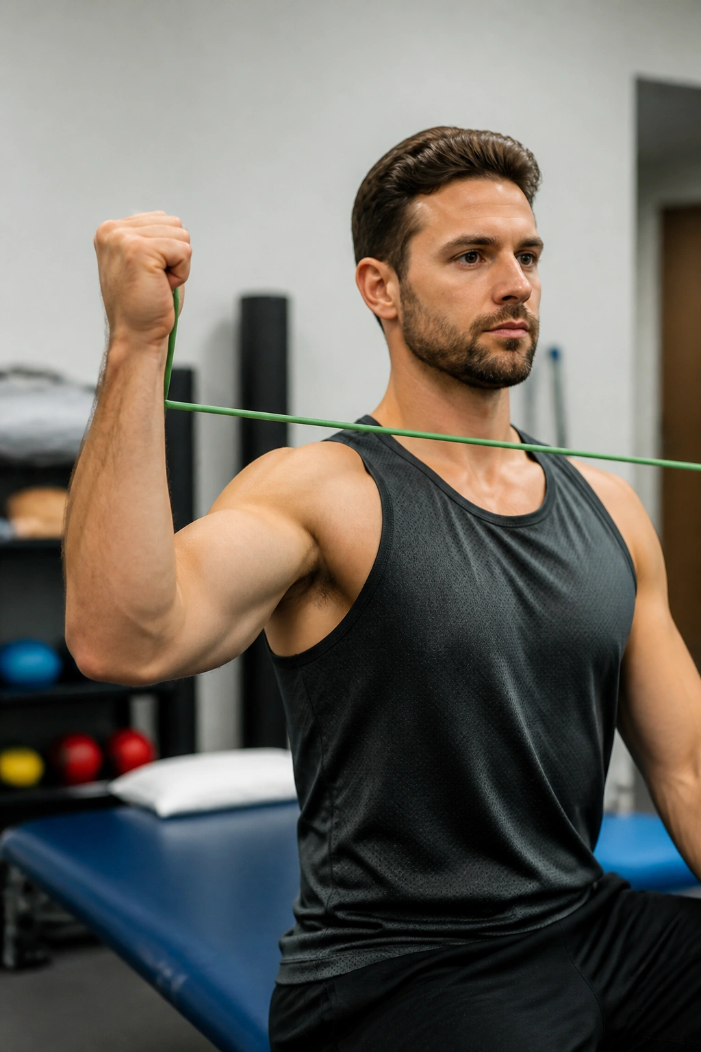 Person performing band external rotation for rotator cuff stability