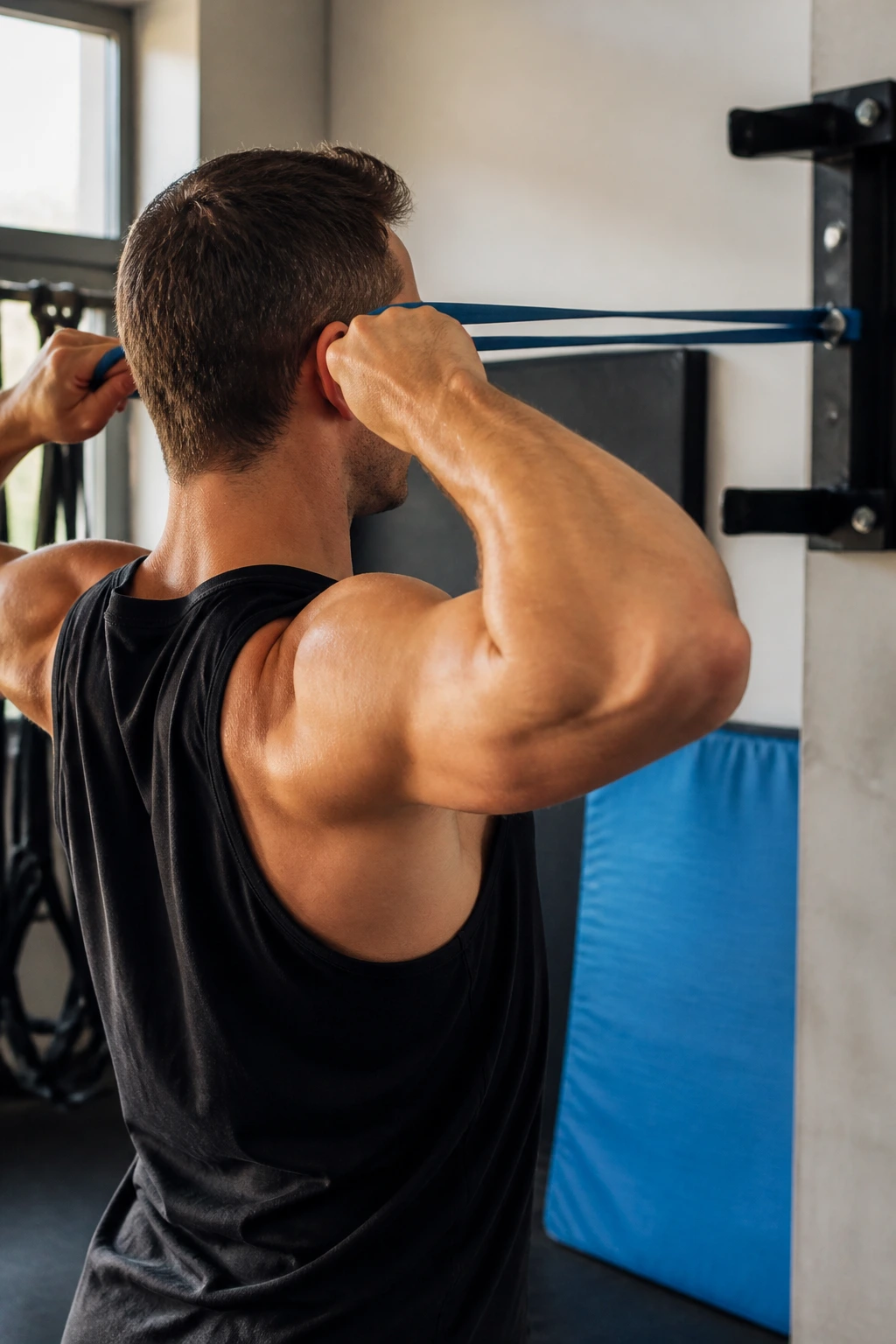 Real person performing a band face pull hold with elbows high and scapular control.