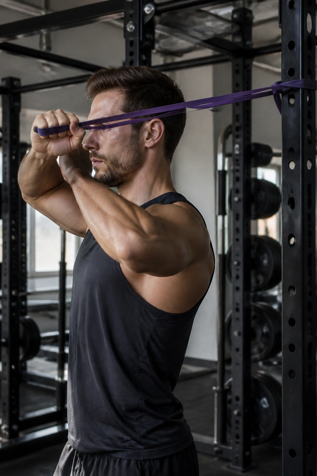 Medium close-up of a person performing face pulls with a resistance band in a gym