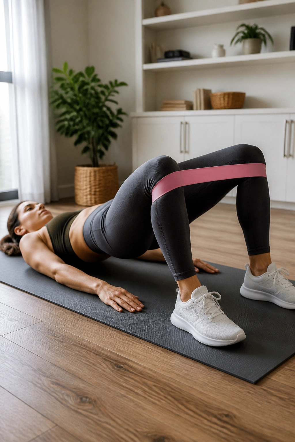 Glute bridge with mini-band engaged in home workout