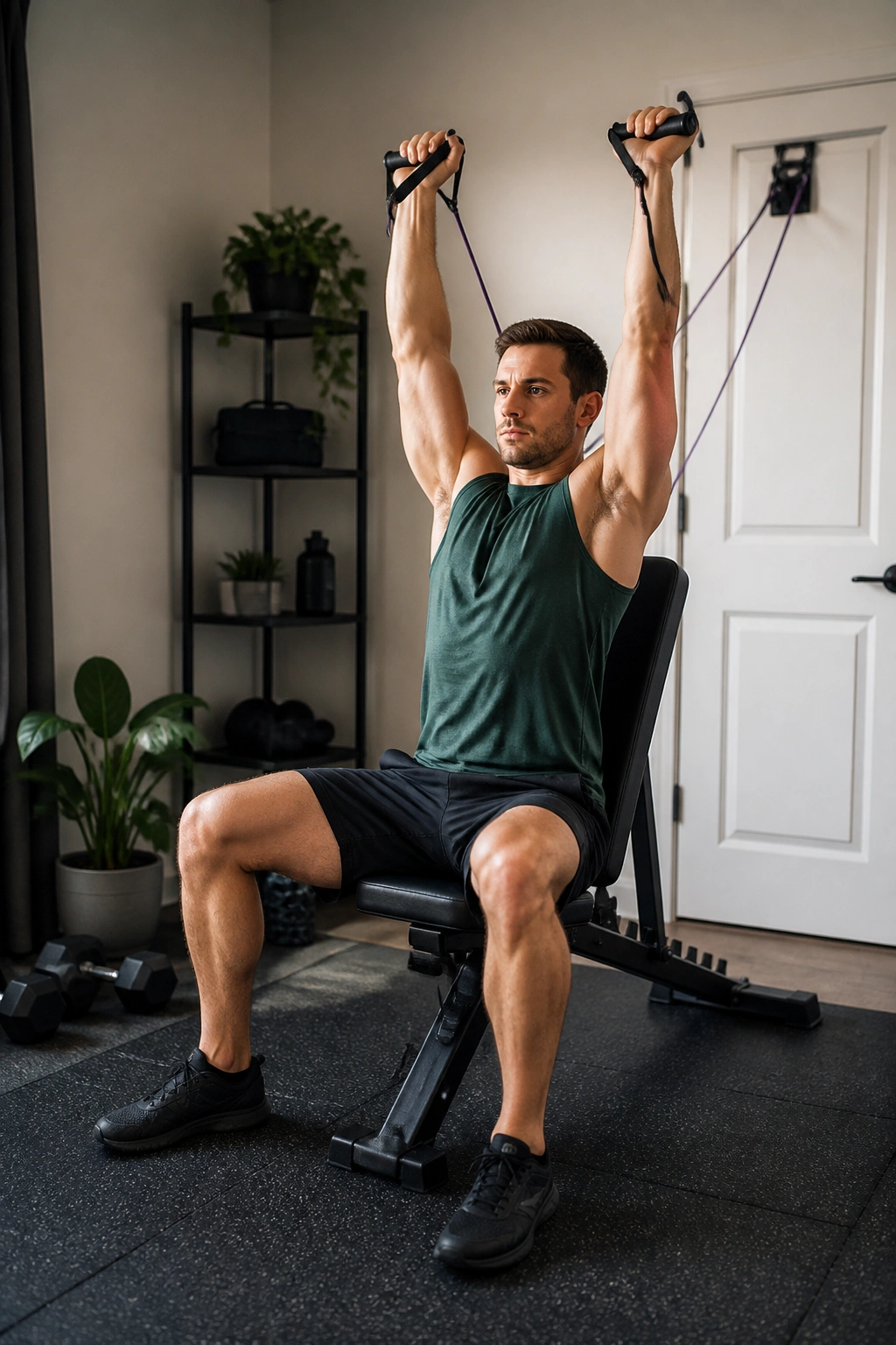Person performing band overhead press at home with bench