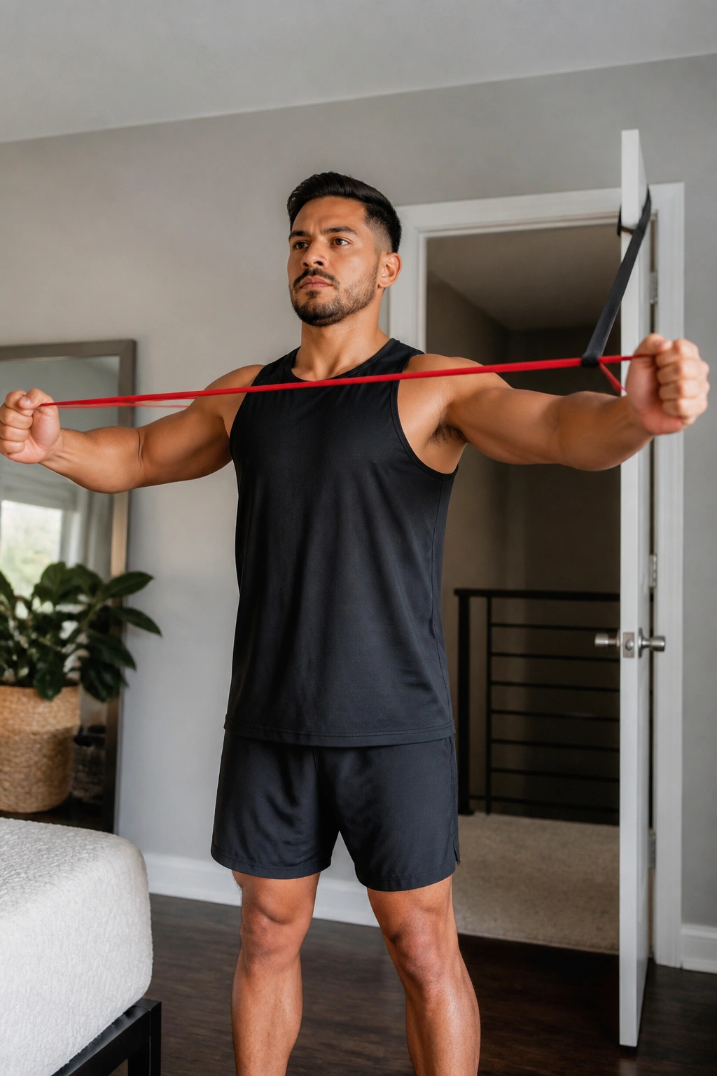Person performing resistance band pull-aparts in doorway at home