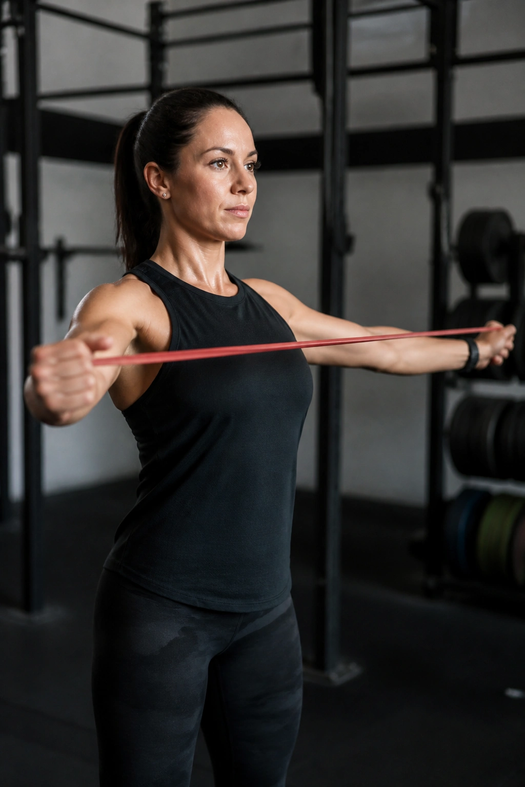 Person performing band pull-apart with arms extended at chest height