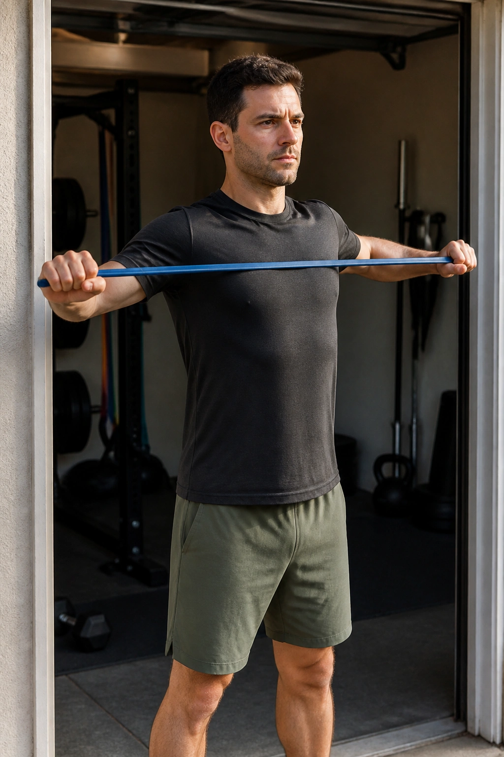 Person using resistance band for pull-aparts in a doorway home gym