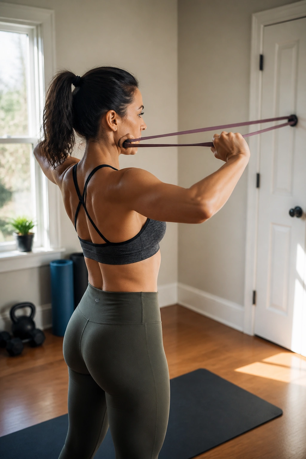 Portrait of a person performing face pulls with a resistance band in a home gym