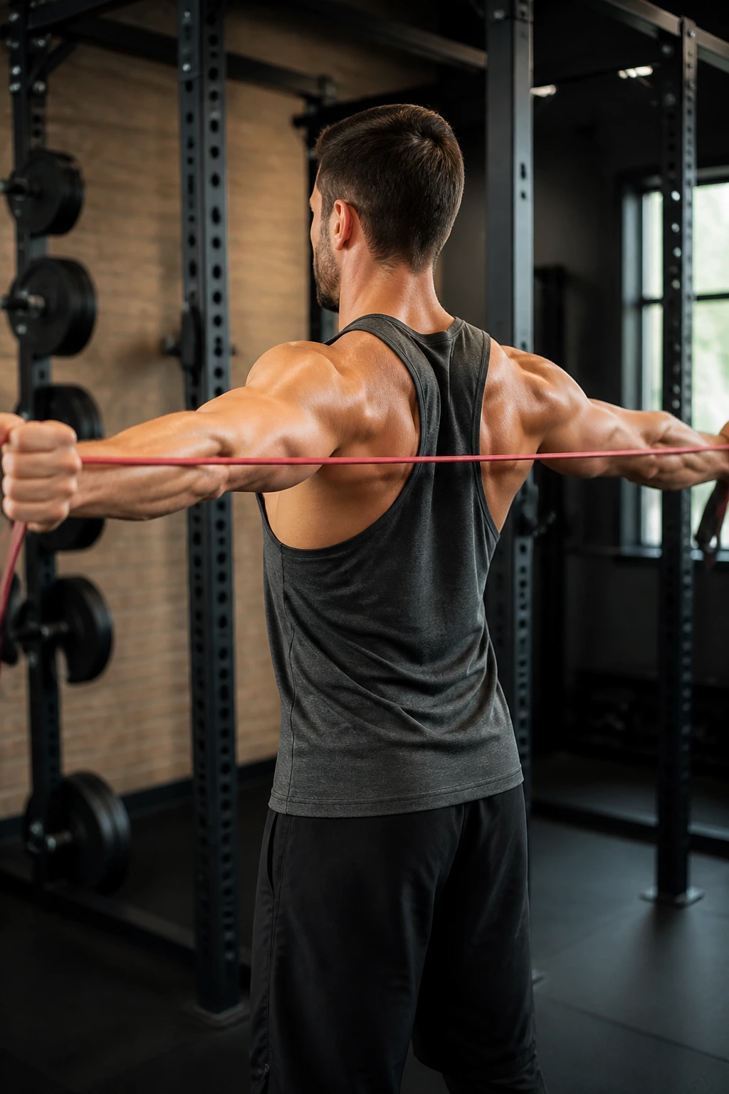 Close-up of a person performing band pull-aparts in gym