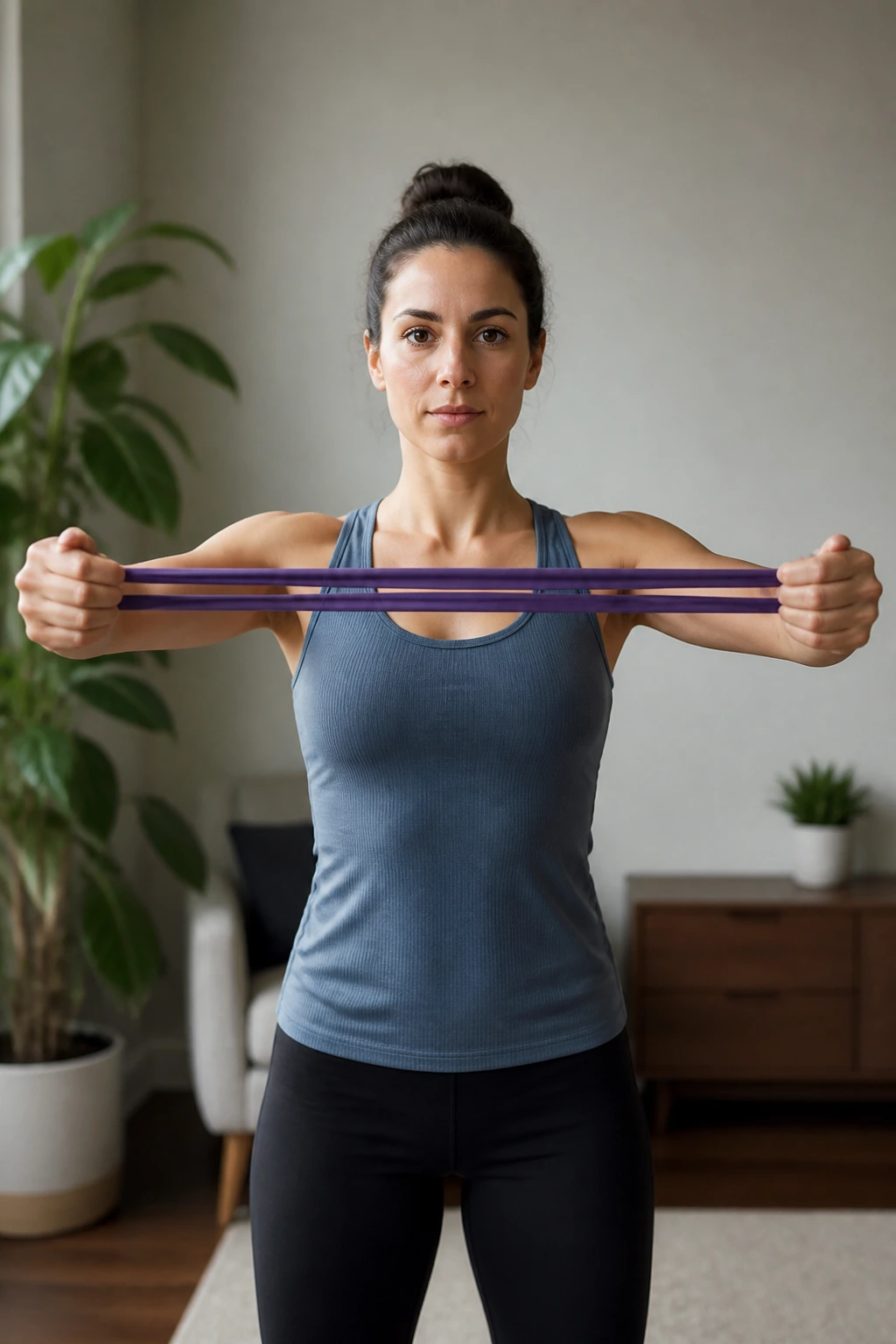 Person performing band pull-aparts in a home setting