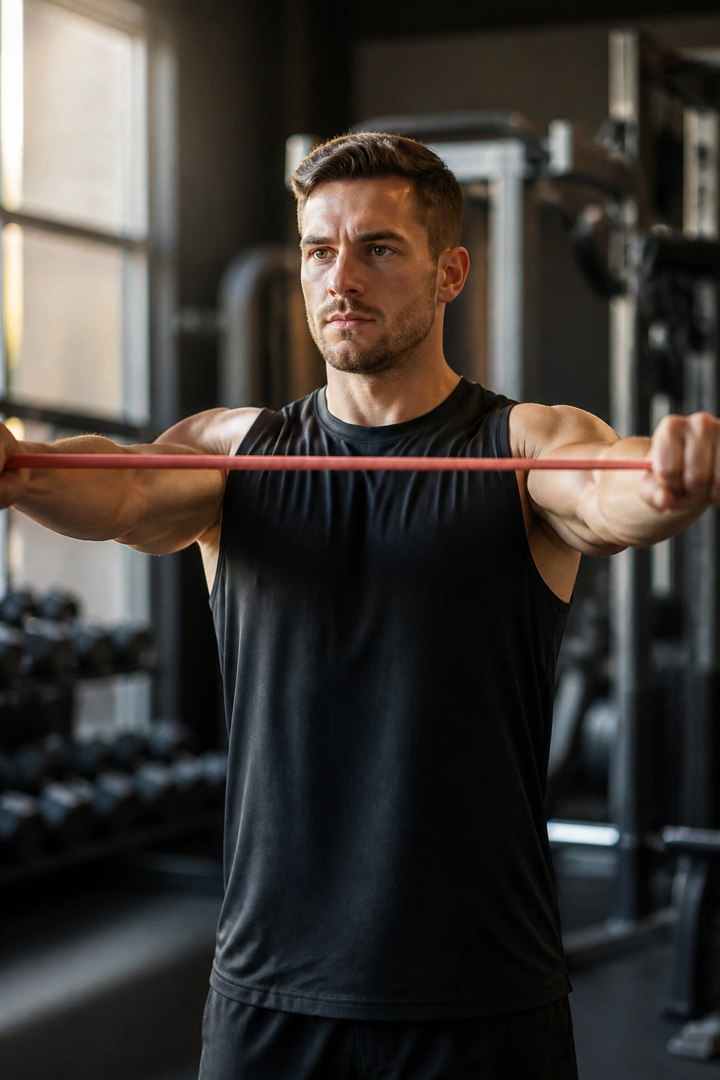 Close-up of a real person performing band pull-aparts in a gym, highlighting rear delts and mid traps.