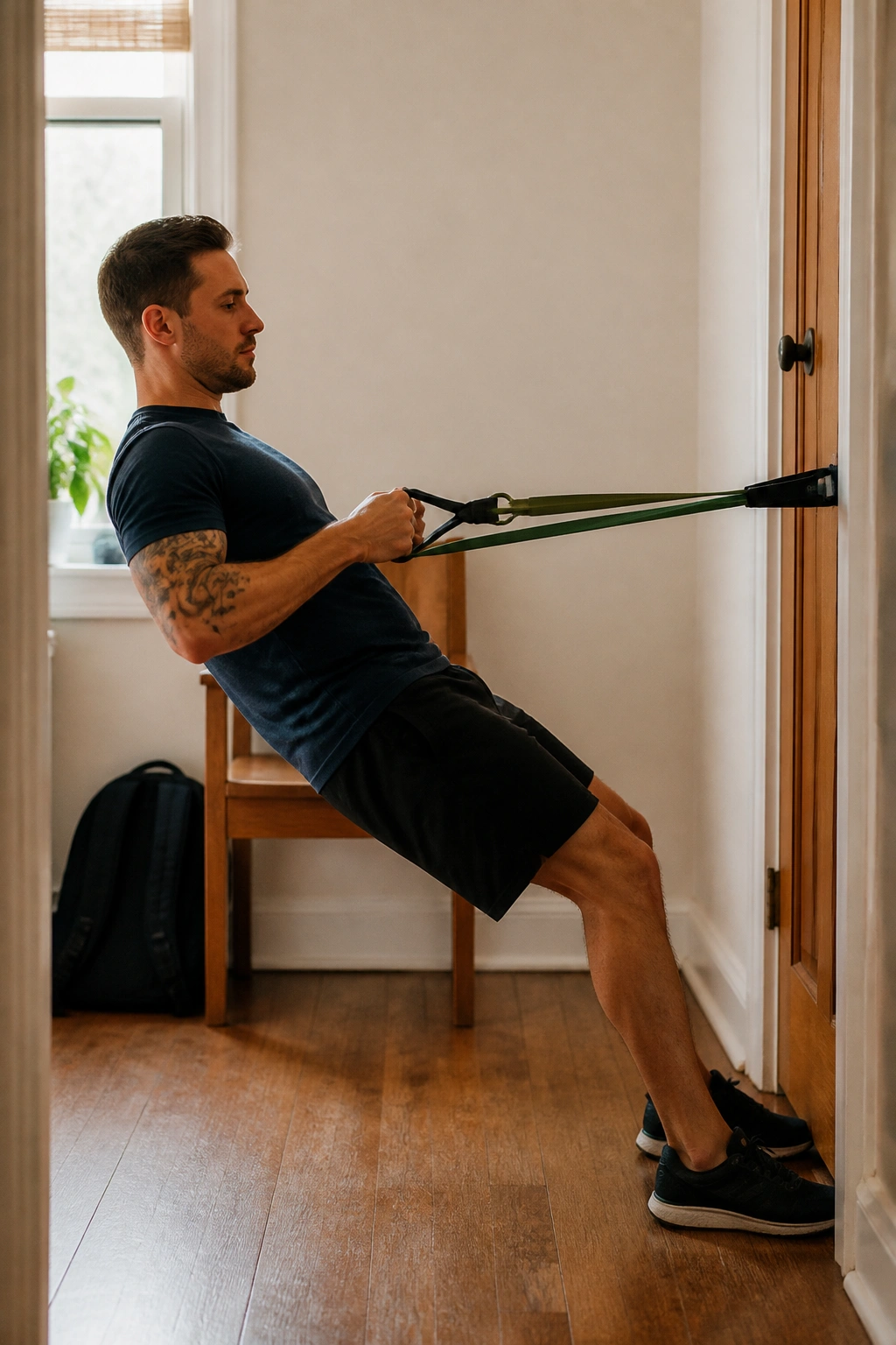 Person using a resistance band for a bodyweight row in a spare room