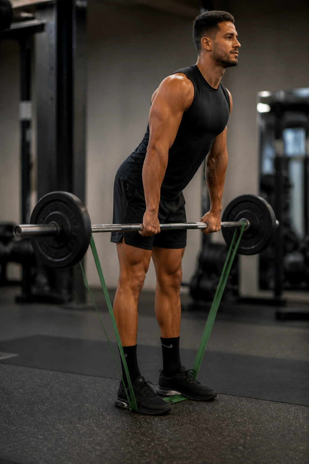 Mid-shot of lifter performing band-resisted straight leg deadlift with band tension