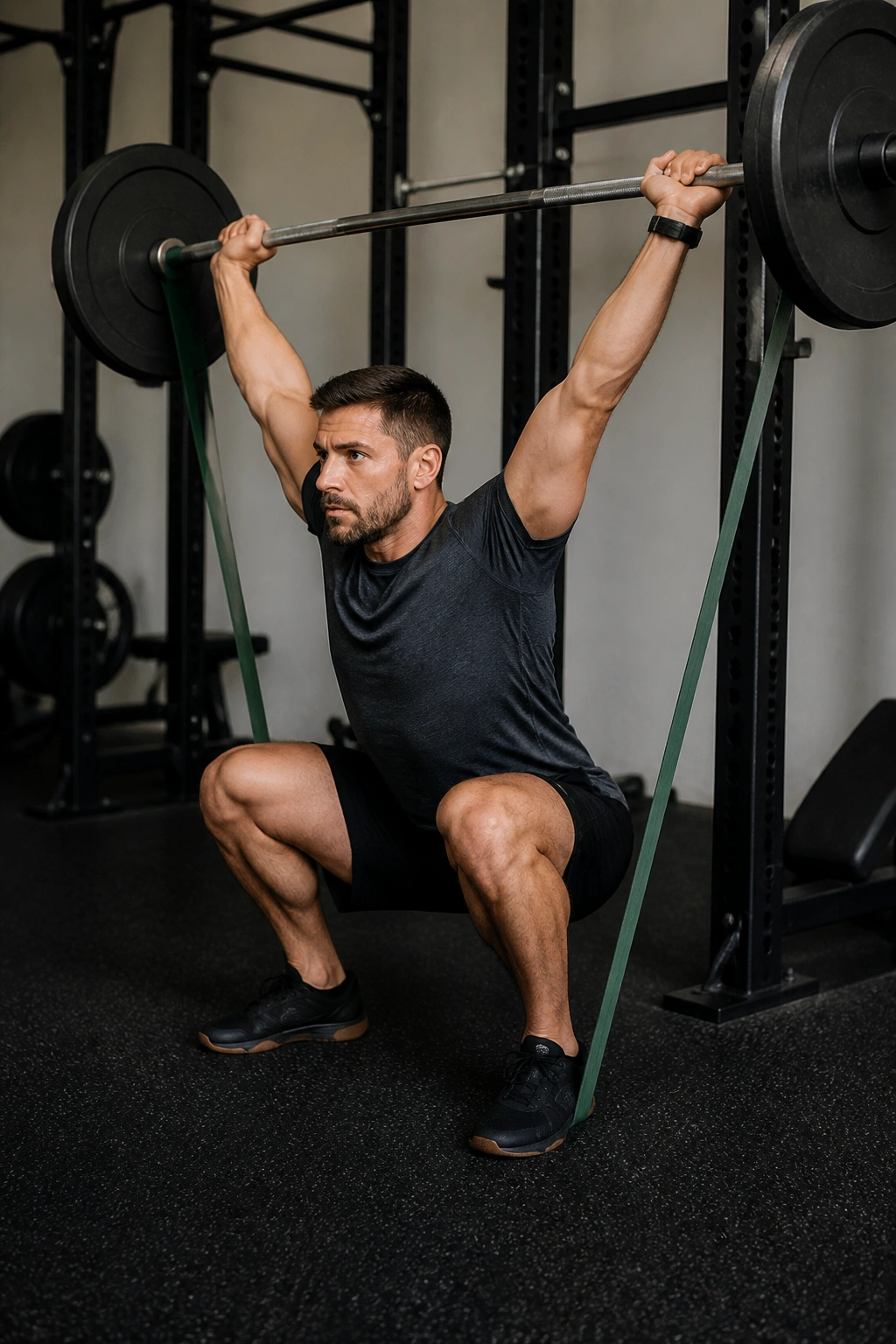Athlete performing band-resisted overhead squat in a gym with bands attached to floor and bar