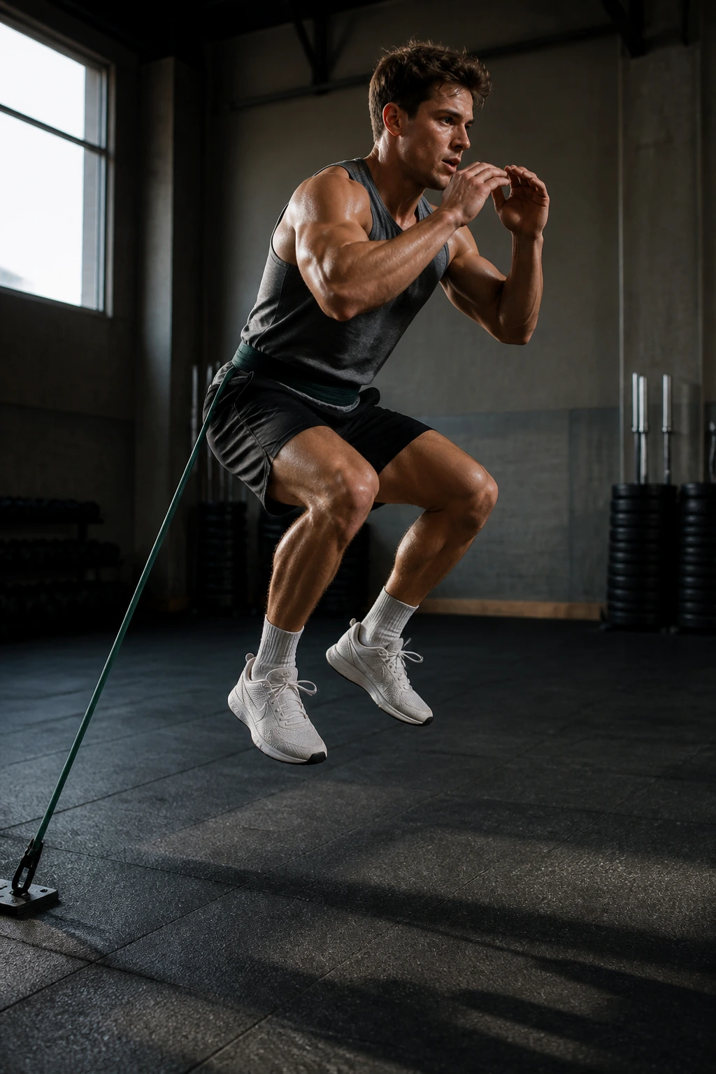 Athlete performing a band-resisted squat jump in a gym, band anchored to floor.