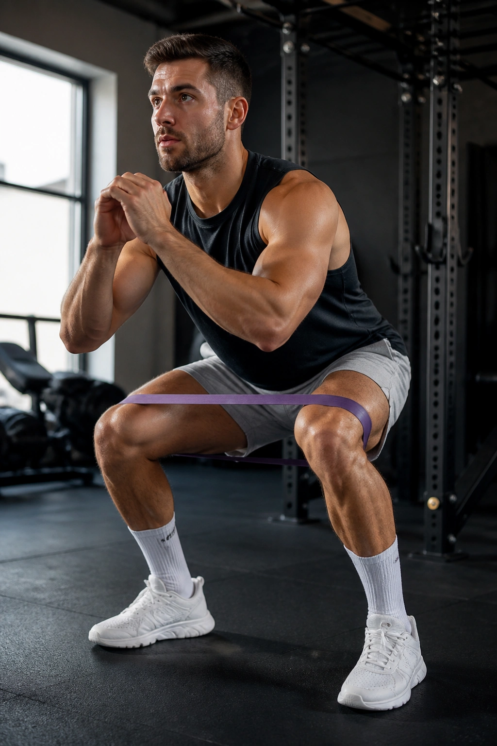 Lifter with resistance band around thighs during squat