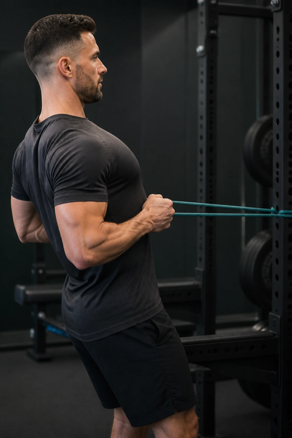 Real person performing band row hold showing upper-back engagement