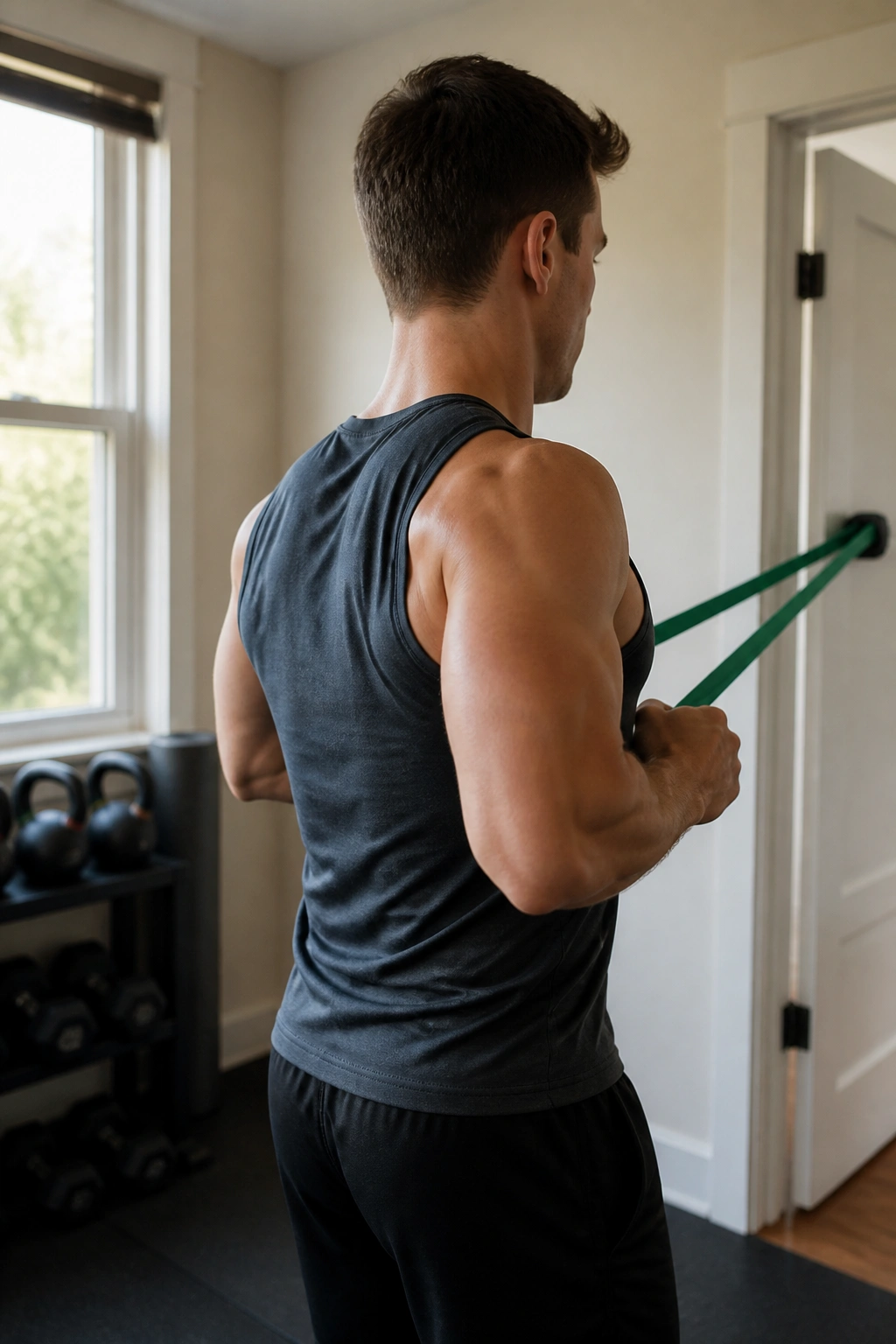 Real person performing Band Row With Scapular Set, focusing on scapular retraction and upper back