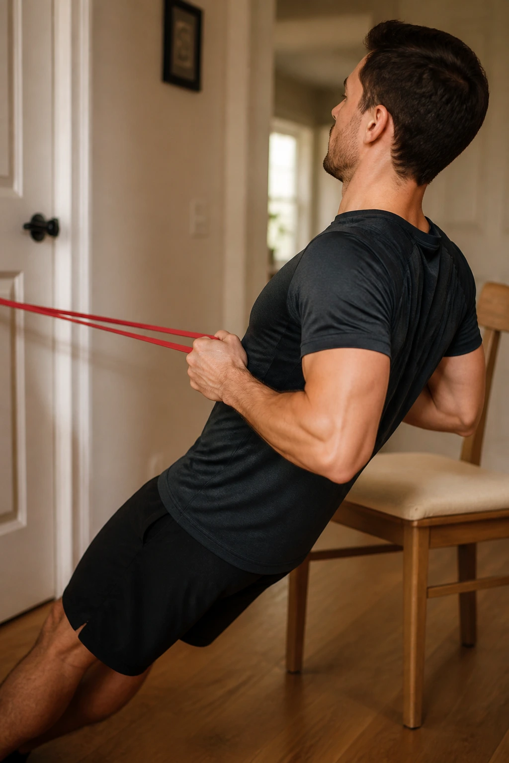 Person doing band rows in a home gym with a chair for dips