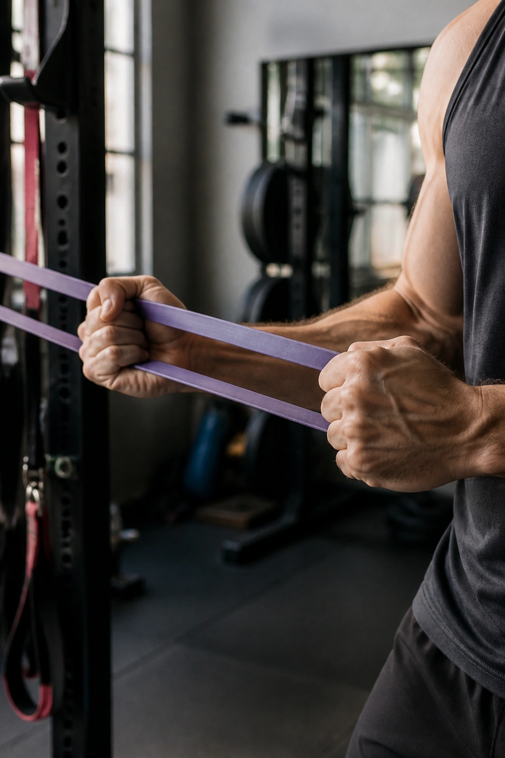 Medium close-up of a real person gripping a resistance band during a band-only upper body session.