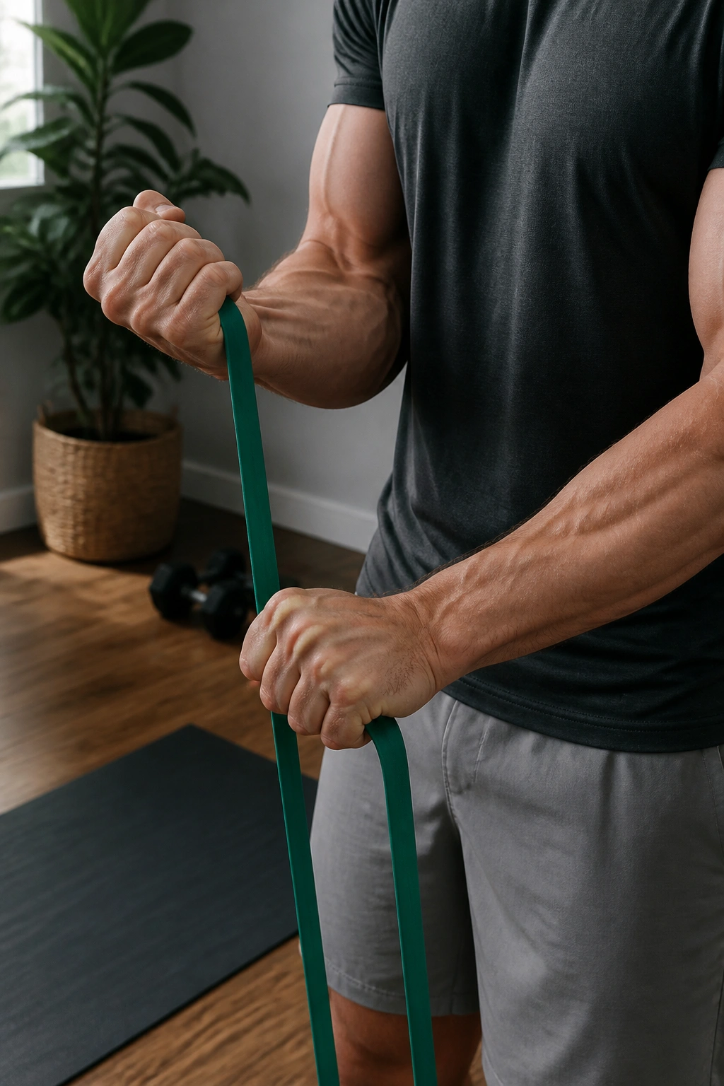 Close-up of a real person’s forearm performing a Band Zottman Curl with a resistance band in a sunlit home gym.