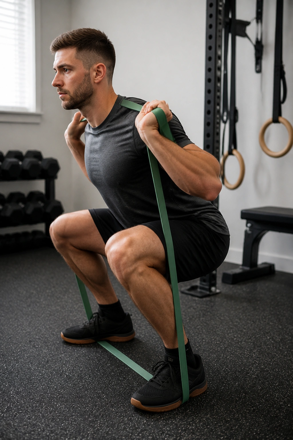 Medium-close shot of a person performing a banded back squat in a home gym