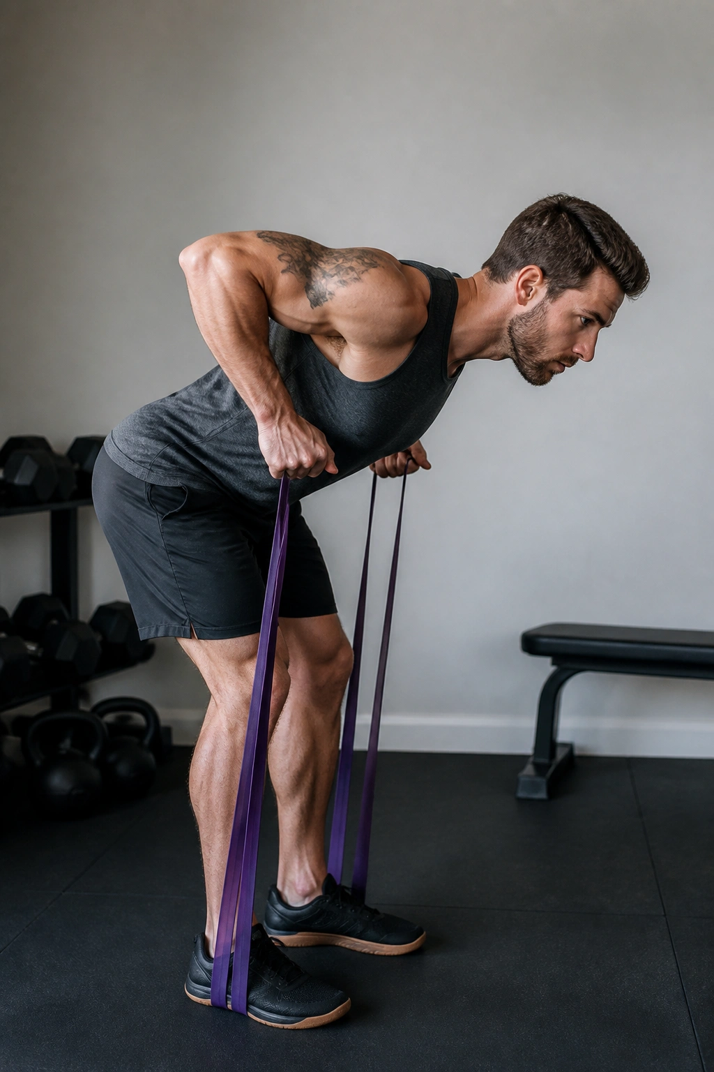 Medium-close shot of a person performing a banded bent-over row in a home gym